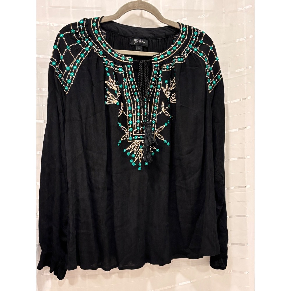 RD Koko Womens Black Embroidered Beaded Peasant Blouse Tassel Tie Top Large